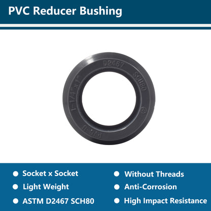 Gray PVC Reducing Coupling Bushing, High-Flow PVC Reducer Pipe Fitting (Socket x Socket, SCH80)