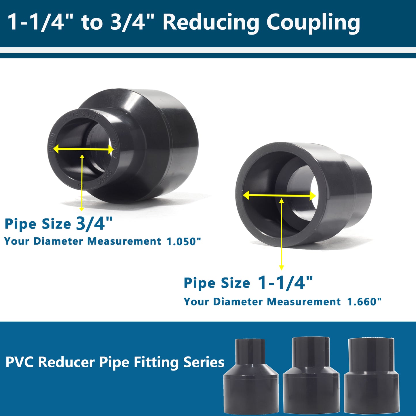 Gray PVC Reducing Coupling Bushing, High-Flow PVC Reducer Pipe Fitting (Socket x Socket, SCH80)