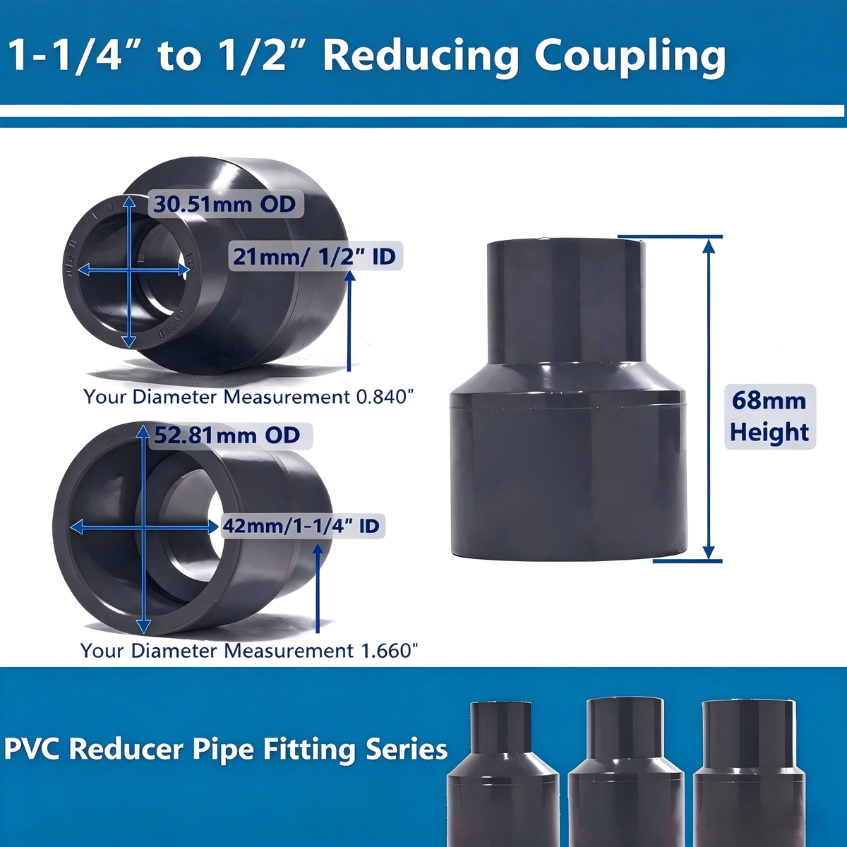 NinjaSieve Gray PVC Reducing Coupling Bushing, High-Flow PVC Reducer Pipe Fitting (Socket x Socket, SCH80)