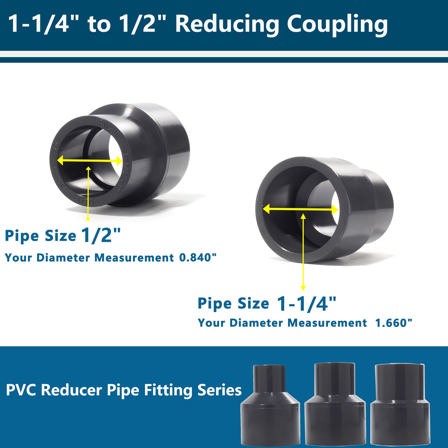 Gray PVC Reducing Coupling Bushing, High-Flow PVC Reducer Pipe Fitting (Socket x Socket, SCH80)