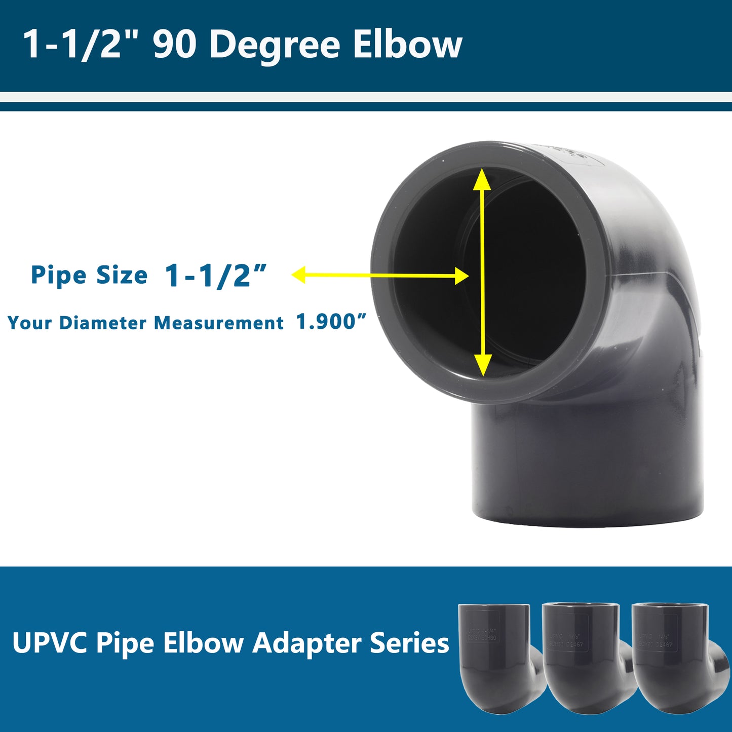 1-1/2 Inch 90-Degree Elbow UPVC Pipe Fitting Adapter SCH80 (Socket x Socket) - 4 Packs, Dark gray