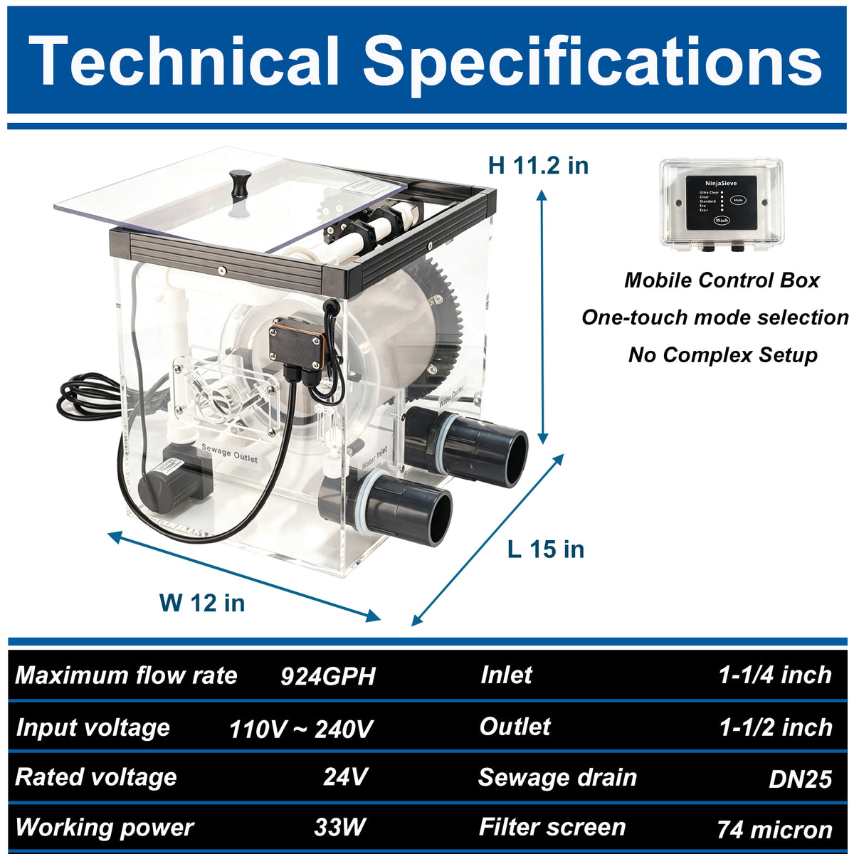 NinjaSieve RDF Automatic Rotary Drum Filter for Koi Tilapia Pond, Fish Farm,Aquarium,Hydroponics, Aquaculture, Aquaponics, with Mobile Control Box, Transparent Koi Pond Filter 4T10-PM (924GPH) - Coming soon