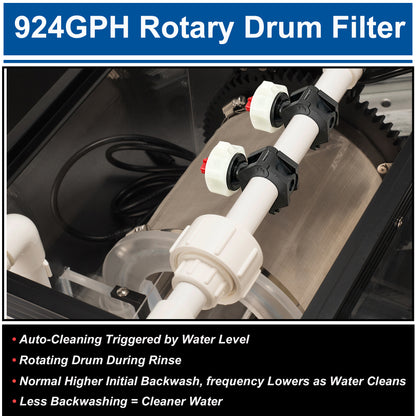 NinjaSieve RDF Automatic Rotary Drum Filter for Koi Tilapia Pond, Fish Farm,Aquarium,Hydroponics, Aquaculture, Aquaponics, with Mobile Control Box, Transparent Koi Pond Filter 4T10-PM (924GPH) - Coming soon