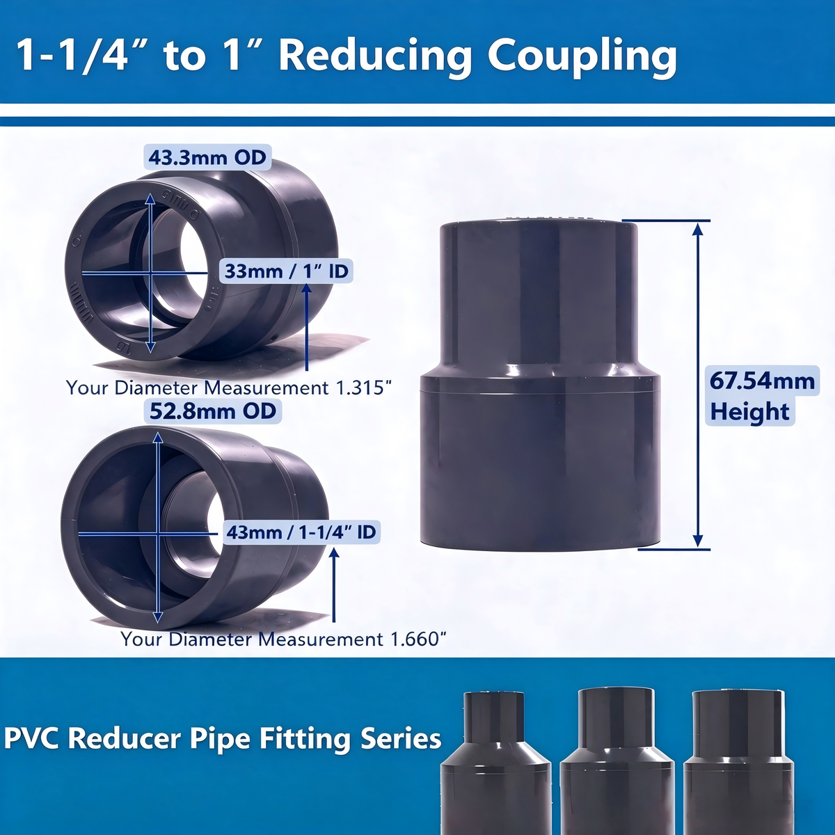 NinjaSieve Gray PVC Reducing Coupling Bushing, High-Flow PVC Reducer Pipe Fitting (Socket x Socket, SCH80)