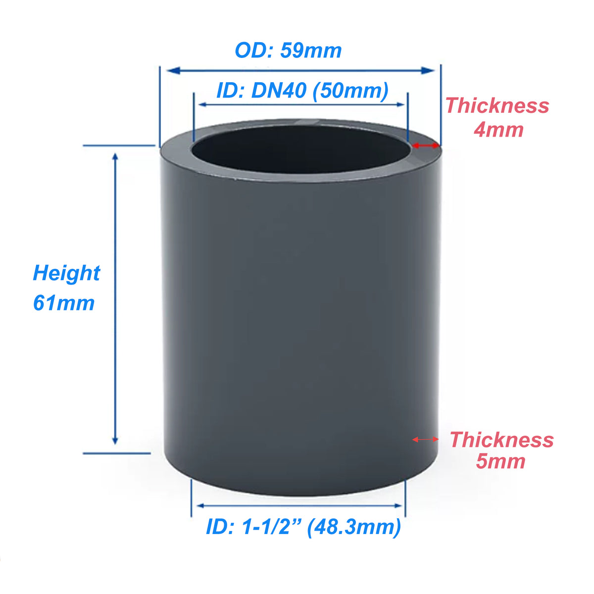 NinjaSieve 2 Pack DN40 x 1-1/2 Inch UPVC Coupling Adapter Pipe Fitting (Socket x Socket) - SCH80, Dark Grey